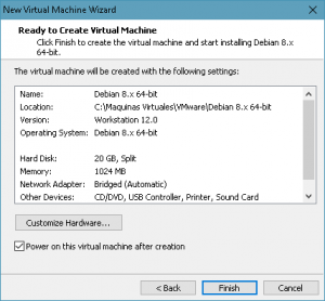 Figura 14: En este punto nos muestra un resumen de la configuración y la opción de iniciar la instalación. en este caso pulsaremos el botón "Finish"