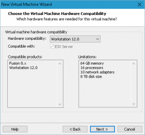 Figura 3: Seleccionar la compatibilidad de hardware. Seleccionaremos la última versión de Workstation