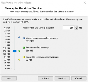 Figura 7: Configurar la memoria de la máquina virtual. Nos bastarán 256MB de RAM