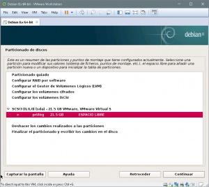 Figura 16: Particionado de discos: Seleccionar espacio libre para la partición raíz (root)