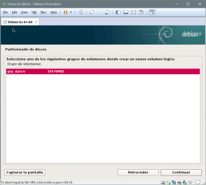 Figura 43: Seleccionamos el grupo donde crearemos el volumen lógico. En nuestro caso, el único que hemos creado