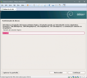 Figura 49: En este punto asignaremos un tamaño para el volumen logico. Será el resto de tamaño sobrante