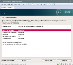 en este punto seleccionamos el apartado "Utilizar como" para configurar el "sistema de ficheros" de la partición "/home"