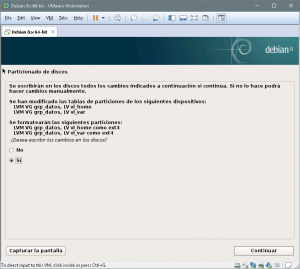 Figura 64: Resumen del particionado y opción de escribir los cambios realizados en el/los discos. Si estamos seguros de los cambios seleccionamos "Sí" en caso contrario "No" volvemos al modo manual para rectificar.