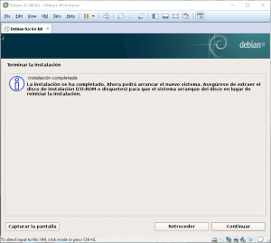 Figura 76: Cartel de Instalación completada. Pulsamos continuar, la máquina se reinicia y comienza el arranque de nuestra recién instalada Debian 8.