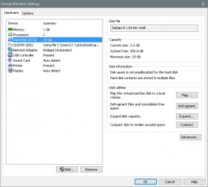 Figura 12: Propiedades y herramientas del disco duro en VMware.