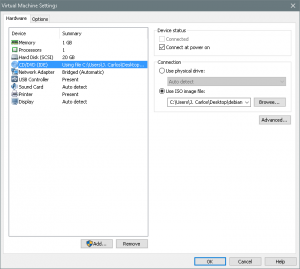 Figura 13: Configurar unidad CD/DVD en VMware.