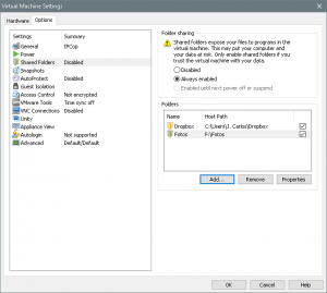 Figura 15: Configuración de Shared Folders en VMware.