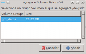 Selección del grupo al que añadiremos el volumen no asignado /dev/sdc.
