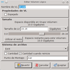 Propiedades del volumen lógico vl_var antes del cambio.