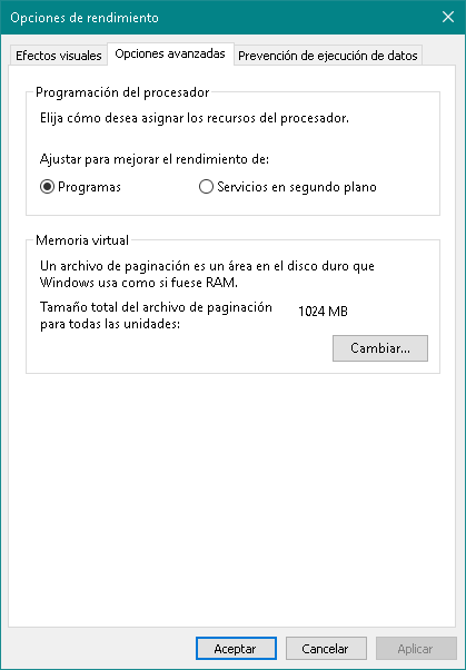 Opciones de rendimiento de Windows 10
