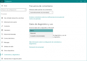 Configuración Windows 10 - Comentarios y diagnostico