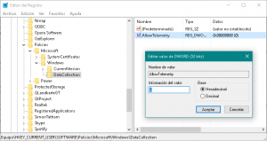 Registro de Windows - DWORD AllowTelemetry - 0
