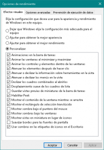 Opciones de rendimiento - Efectos visuales