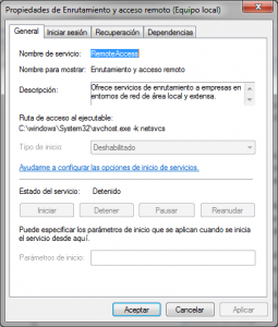 Propiedades del servicio de enrutamiento y acceso remoto.