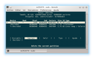 Ejecución de cfdisk sin parámetros