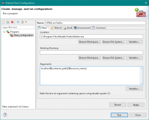 Eclipse: Administrador de external_tool configuration programs. HTML en Firefox