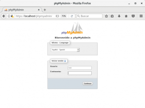 Página de inicio de sesión en phpMyAdmin