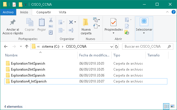 Carpeta de instalación de Cisco CCNA Exploration en Windows