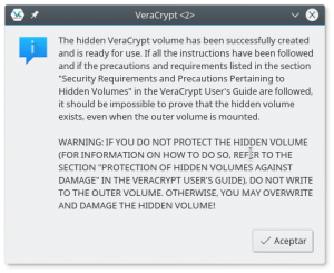 VeraCrypt: Aviso de volumen oculto creado satisfactoriamente