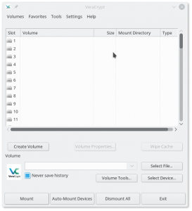 Ventana de inicio de VeraCrypt