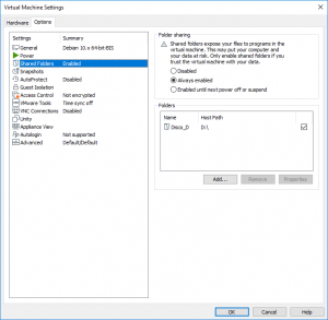 Imagen de opción Shared Folders (carpetas compartidas) en VMWare Workstation