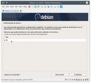 Figura 33: Particionado de discos: Crear una nueva tabla de particiones vacía para ese disco. Elegimos "Sí"