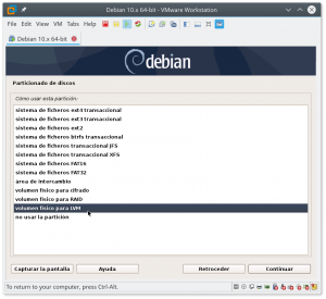Figura 53: Seleccionamos "volumen físico para LVM".