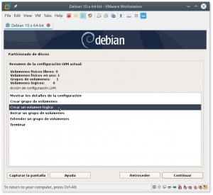 Figura 60: En este punto se nos muestra un resumen de la configuración LVM actual y seleccionamos la opción "Crear un volumen lógico".