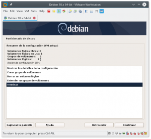 Figura 68: En este punto se nos vuelve a mostrar un resumen de la configuración LVM actual y seleccionamos la opción "Terminar".