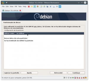 Figura 70: En este punto seleccionamos el apartado "Utilizar como" para configurar el "sistema de ficheros" de la partición "/home".