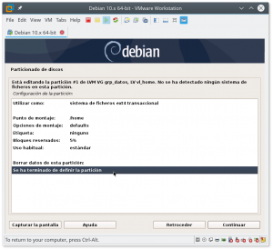 Figura 74: Terminamos de definir la partición de "/home".