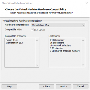 Figura 3:  Seleccionar la compatibilidad de hardware. Seleccionaremos la última versión de Workstation