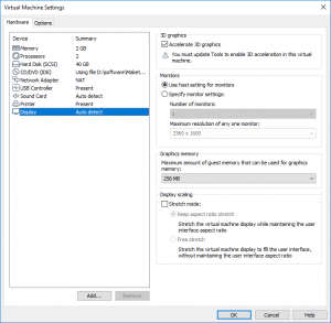 Figura 18: Modificar las opciones de "Display". Habilitamos la aceleración de gráficos 3D, aunque al hacerlo, se nos avisa que tendremos que instalar o actualizar las VMware tools en la máquina virtual para habilitar la aceleración 3D.