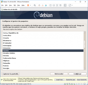 Figura 38: Configurar el gestor de paquetes. Seleccionamos el país de la réplica de Debian.