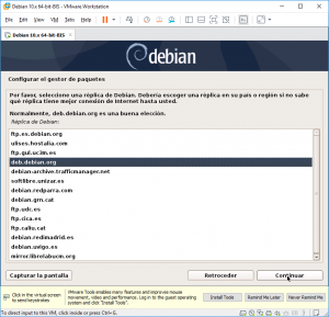 Figura 39: Configurar el gestor de paquetes. Seleccionamos la réplica de Debian.