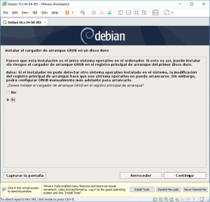 Figura 90: Instalar el cargador de arranque GRUB: Seleccionamos "Sí" deseamos instalar GRUB en el registro principal de arranque.