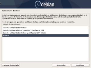 Instalar Debian: Figura 1: Particionado de discos: Elegiremos la opción Manual