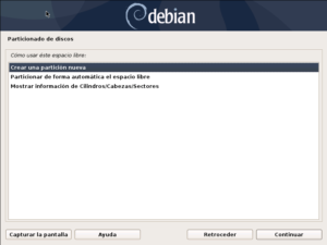 Instalar Debian: Figura 5: Particionado de discos: Seleccionamos crear una partición nueva.