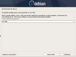 Instalar Debian: Figura 6: Particionado de discos: Introducir tamaño de la partición.