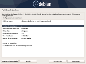 Instalar Debian: Figura 9: Particionado de discos: Editar el punto de montaje.