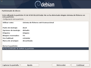 Instalar Debian: Figura 11: Particionado de discos: Terminar de definir la partición.