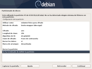 Instalar Debian: Figura 16: Crear volúmenes cifrados: Terminamos de definir la partición. Lo dejamos por defecto.
