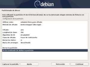 Figura 16: Crear volúmenes cifrados: Terminamos de definir la partición. Lo dejamos por defecto.