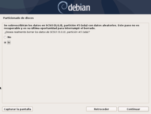 Instalar Debian: Figura 19: Crear volúmenes cifrados: Borramos los datos de la partición marcando la opción Sí