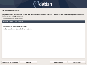 Instalar Debian: Figura 37: Particionado de discos: Editar la partición LV root.