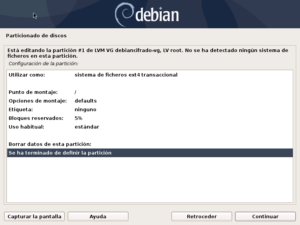 Instalar Debian: Figura 41: Particionado de discos: Editar la partición LV root: Terminar de definir la partición.