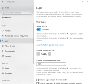 Configuración del sistema Windows: Accesibilidad - Herramienta Lupa