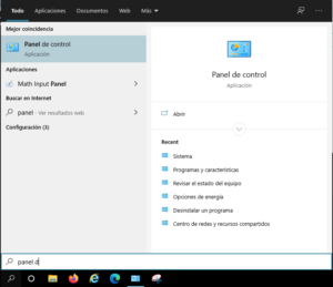 Buscar acceso directo a Panel de Control