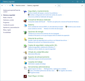 Panel de control: Ventana Sistema y Seguridad